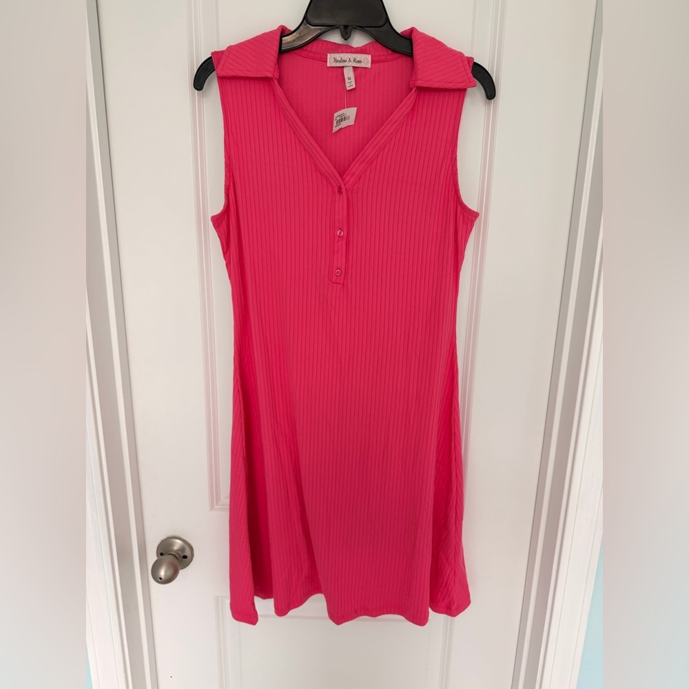 Harlow & Rose Pink Ribbed Sleeveless Dress Collared Button Front Knit Size M